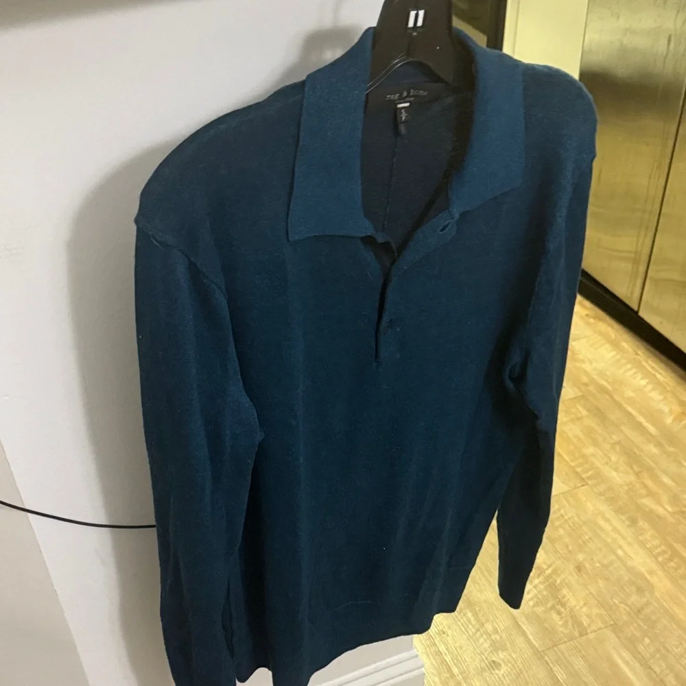 Rag & Bone Men's Teal long sleeve 37 xtra fine merino, 34 linen 29 c Polo Shirt - Picture 2 of 4